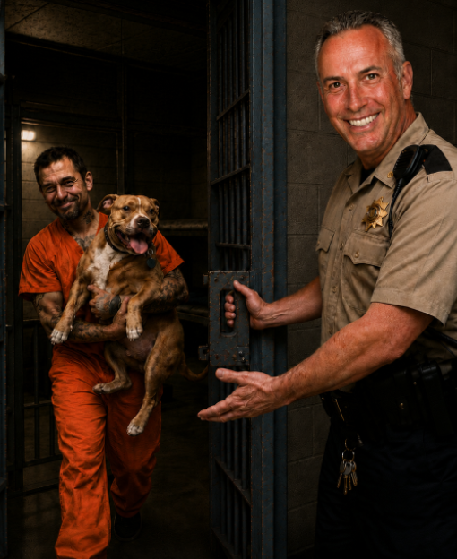 A corrections officer holds a cell door open while an inmate in an orange jumpsuit carries a pit bull out of the cell